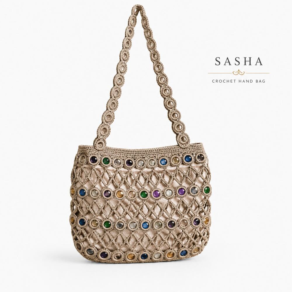 Sasha Crochet Circle Handbag Beige Multicolor Boho Shoulder Purse Retro